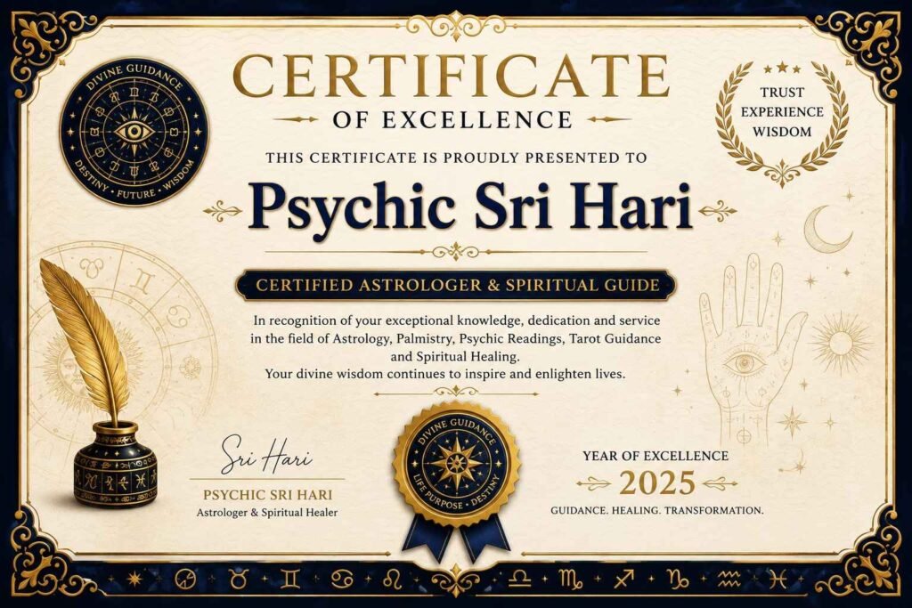 Vedic Astrology Consultation Certificate of Psychic Sri Hari for Kundli Reading services