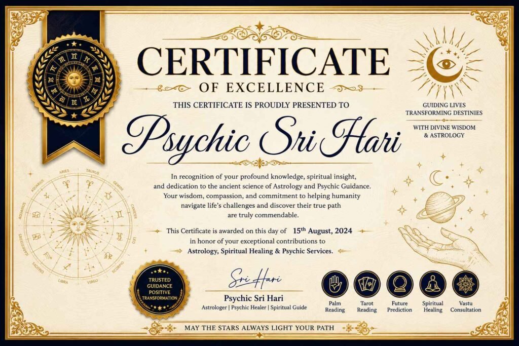 Vedic spiritual guidance certification showing Psychic Sri Hari's traditional astrology practice